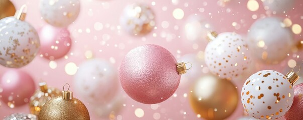 Sticker - A stylish arrangement of gold, white, and pink Christmas baubles on a pink backdrop creates a festive atmosphere. Ideal for holiday greetings and new year celebrations