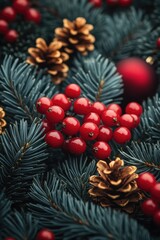 Sticker - A cluster of bright red berries and pine cones on a forest floor