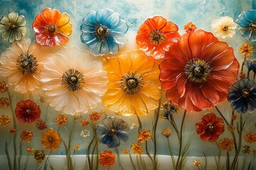 Aufkleber - This image showcases a stunning display of beautifully crafted glass flowers in vibrant hues, set against a textured background that enhances their brilliance.