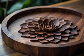 Poster - An artistic wooden tray featuring a layered floral design, showcasing delicate craftsmanship and attention to detail, ideal for enhancing any living space with natural beauty.