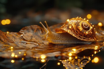 Aufkleber - An enchanting scene of a snail with its shell aglow in soft, magical lights, resting on a textured leaf, creating a captivating, whimsical atmosphere.