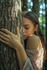 Poster - A person embracing a tree trunk in a dense forest, potential for nature-themed or environmental-related usage