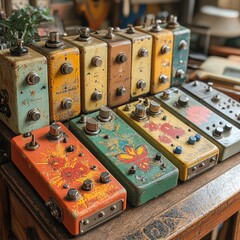 Poster - A collection of pedals sits on top of a wooden table