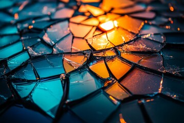 Leinwandbilder - Artistic arrangement of fragmented glass pieces showcasing a beautiful interplay of warm and cool tones under a captivating light, highlighting their contrasting beauty.