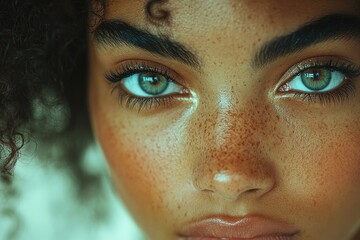 Poster - Close-up portrait of a woman with freckles and natural skin tone