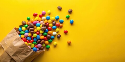 Poster - Colorful Candies Spill from a Brown Paper Bag onto a Vibrant Yellow Background