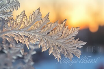 Poster - Exquisite frost leaves captured against a vibrant sunset. The interplay of light and frosty textures creates a stunning visual experience of nature's artwork.
