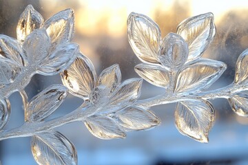 Poster - A close-up of intricately formed ice leaves on a glass window, bathed in the warm glow of a sunset. Capturing the beauty of nature's delicate artistry.