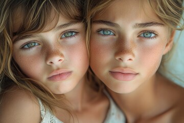 Poster - Two young girls with noticeable freckles on their faces, smiling and looking directly at the camera
