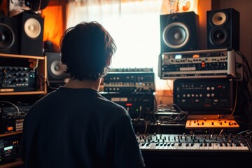 Aufkleber - A person sitting at a desk with a keyboard, surrounded by music equipment and instruments