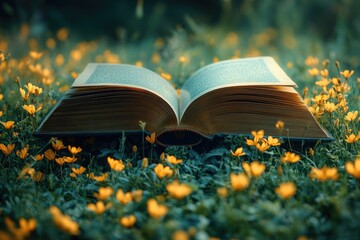 Poster - A book sitting on a green grassy area, perfect for outdoor reading or educational settings