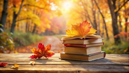 Aufkleber - Autumnal Reading Nook Stack of Books with Colorful Leaves on Rustic Wooden Table