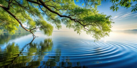 Aufkleber - Serene lake scene with overhanging tree branches and tranquil water ripples reflecting vibrant foliage