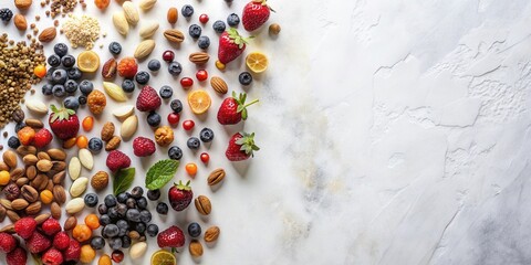 Poster - A vibrant assortment of fresh berries, nuts, and seeds arranged on a textured surface