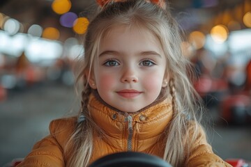 Poster - A young child sitting in a toy car, imaginative play and childhood innocence