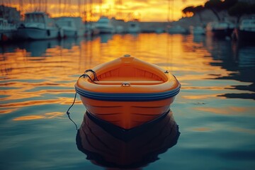 Poster - A small orange boat floats peacefully on the surface of a serene body of water