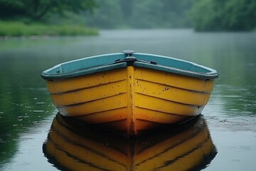 Poster - A small boat sitting on the surface of a calm lake, with a bright yellow and blue color scheme