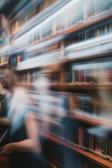 Aufkleber - A blurry image of bookshelves in a quiet library