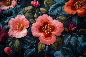 Poster - An exquisite close-up of detailed floral embroidery displaying vibrant flowers and lush green leaves, showcasing remarkable craftsmanship with rich, vivid colors.
