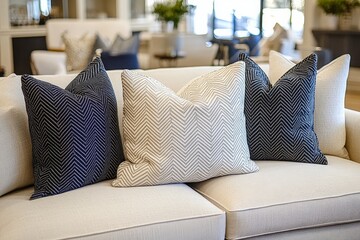 Leinwandbilder - This image features navy and white zigzag patterned pillows artfully arranged on a cream-colored sofa, creating a classic and inviting living space atmosphere.