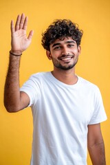 Poster - A person with curly hair gestures with their hand in a casual manner, suitable for use in illustrations, editorial content, or personal projects