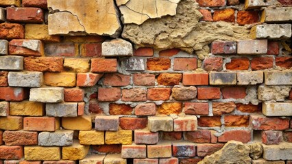 Poster - Textured Old Brick Wall with Crumbling Mortar and Damaged Bricks