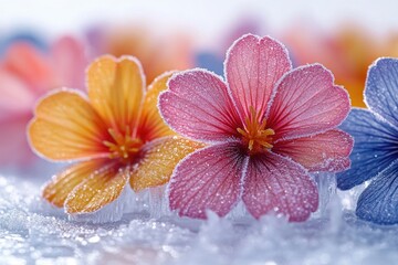 Poster - A macro shot of three frozen flowers, covered in frost and snow