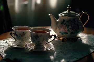 Aufkleber - A tea pot and two cups sitting on a table