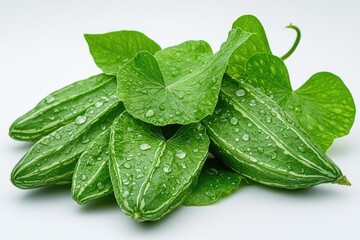 Poster - A close-up shot of a pile of green leaves with water droplets on them