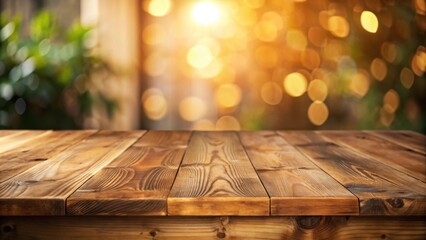 Poster - Rustic Wooden Tabletop Against a Warm, Bokeh Background Ideal for Product Displays