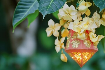 Poster - A red and yellow lantern hangs from a tree branch