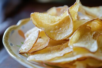 Poster - A plate of crispy potato chips on a wooden table, ready to be enjoyed