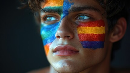 Poster - A person with a colorful rainbow painted on their face, perfect for representing diversity and unity