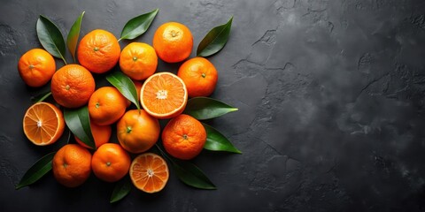 Poster - A vibrant arrangement of juicy citrus fruits with lush green leaves on a dark background