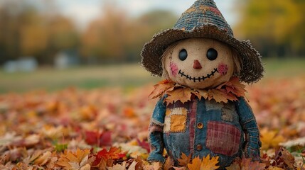 Poster - A man wearing a hat and plaid shirt standing in a field of fallen leaves, a peaceful autumn scene
