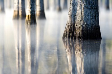 Poster - A group of trees standing in shallow water, surrounded by foliage and possibly used for nature or landscape photography