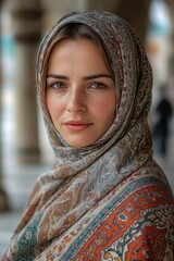Poster - A woman wearing a scarf looks directly at the camera, with a calm expression