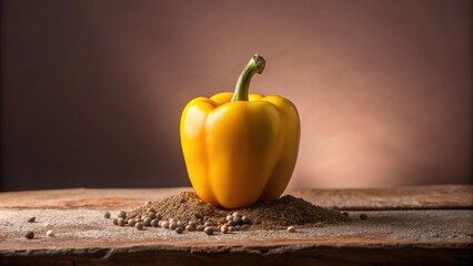 Aufkleber - A vibrant yellow bell pepper sits atop a mound of ground spices and peppercorns on a rustic wooden surface
