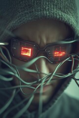 Aufkleber - A person wearing glasses and a hat with wires in front of their face