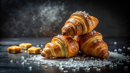 Poster - Three Buttery Croissants Sprinkled with Coarse Sugar Crystals on a Dark Surface