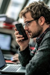 Aufkleber - A person using their mobile device to make a call while seated at a computer