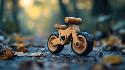 Poster - A wooden toy bike sits on the grassy ground