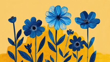 Wall Mural - Blue wildflowers on a yellow background, vector illustration