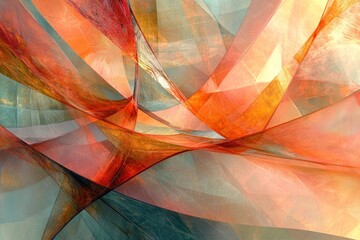 Poster - Vibrant abstract artwork showcasing swirling, translucent textures in orange and teal hues, capturing movement and light reflection in an ethereal manner.