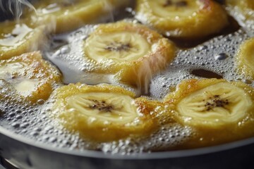 Poster - Fresh banana slices cooked in a hot frying pan, ready for breakfast or snack