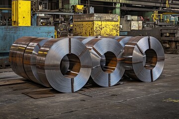 Poster - Industrial setting with steel rolls stacked in a factory