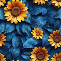 Wall Mural - Vibrant Sunflower Floral Pattern with Bold Colors and Leafy Background Ideal for Nature-themed Projects and Designs