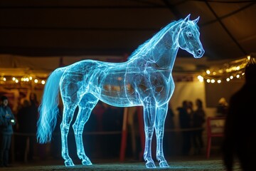 Poster - An impressive holographic horse captivates an audience at a night event, highlighting the blend of art and advanced projection technologies under dramatic lighting.