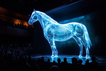 Poster - A breathtaking holographic horse in a theater setting demonstrates cutting-edge technology and creativity, captivating a spellbound audience with its lifelike presence.