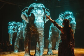 Poster - A mesmerizing holographic display of elephants in an arena setting captivates the audience, highlighting the power of digital artistry and innovative projection techniques.